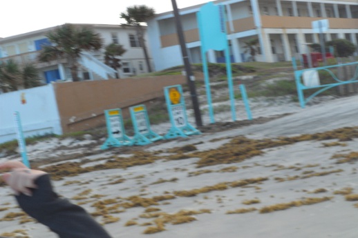 A blurry image of a condo by the beach, with a woman's arm in the foreground.