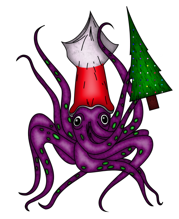 A purple squid holding a Christmas tree.