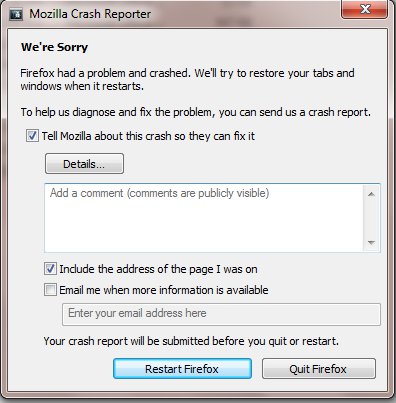 A screenshot of a dialog box reporting that Firefox has crashed.